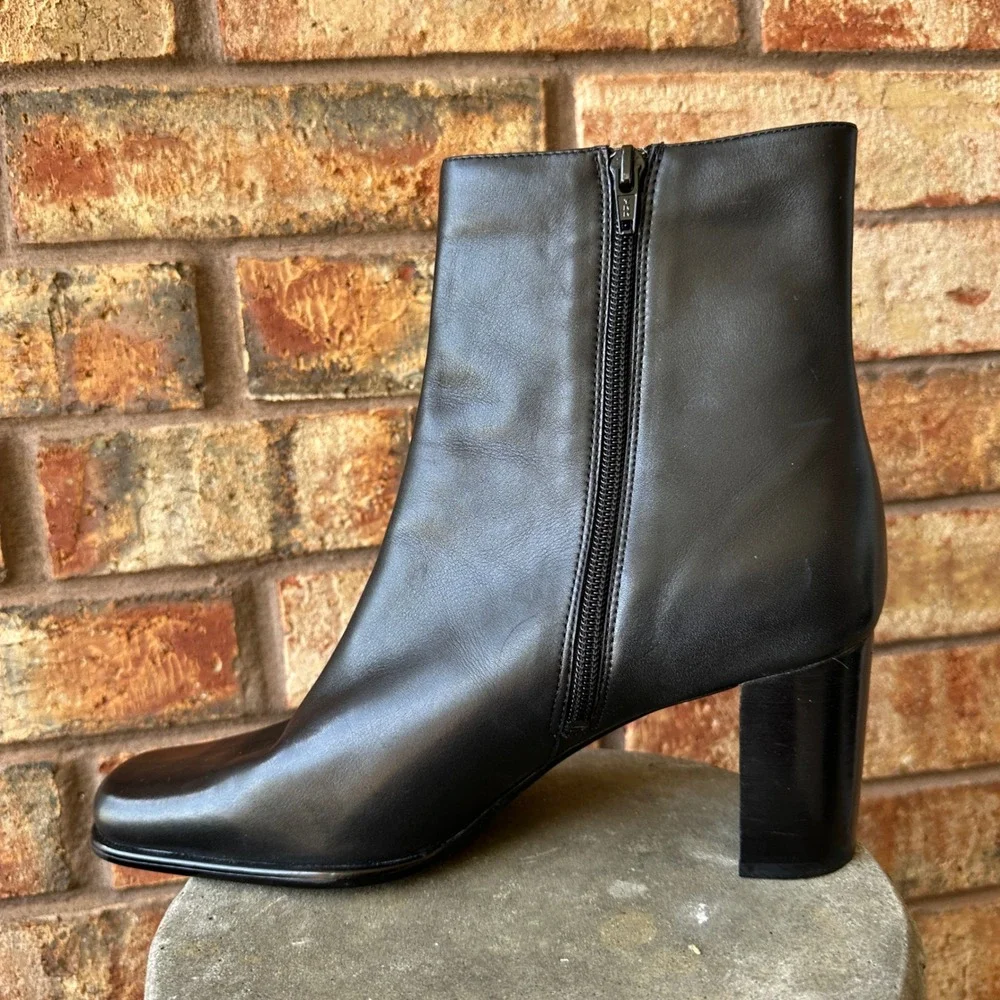 Black Leather Square Toe Block Heel Ankle Boots Size 10M Witchy 90s Classy